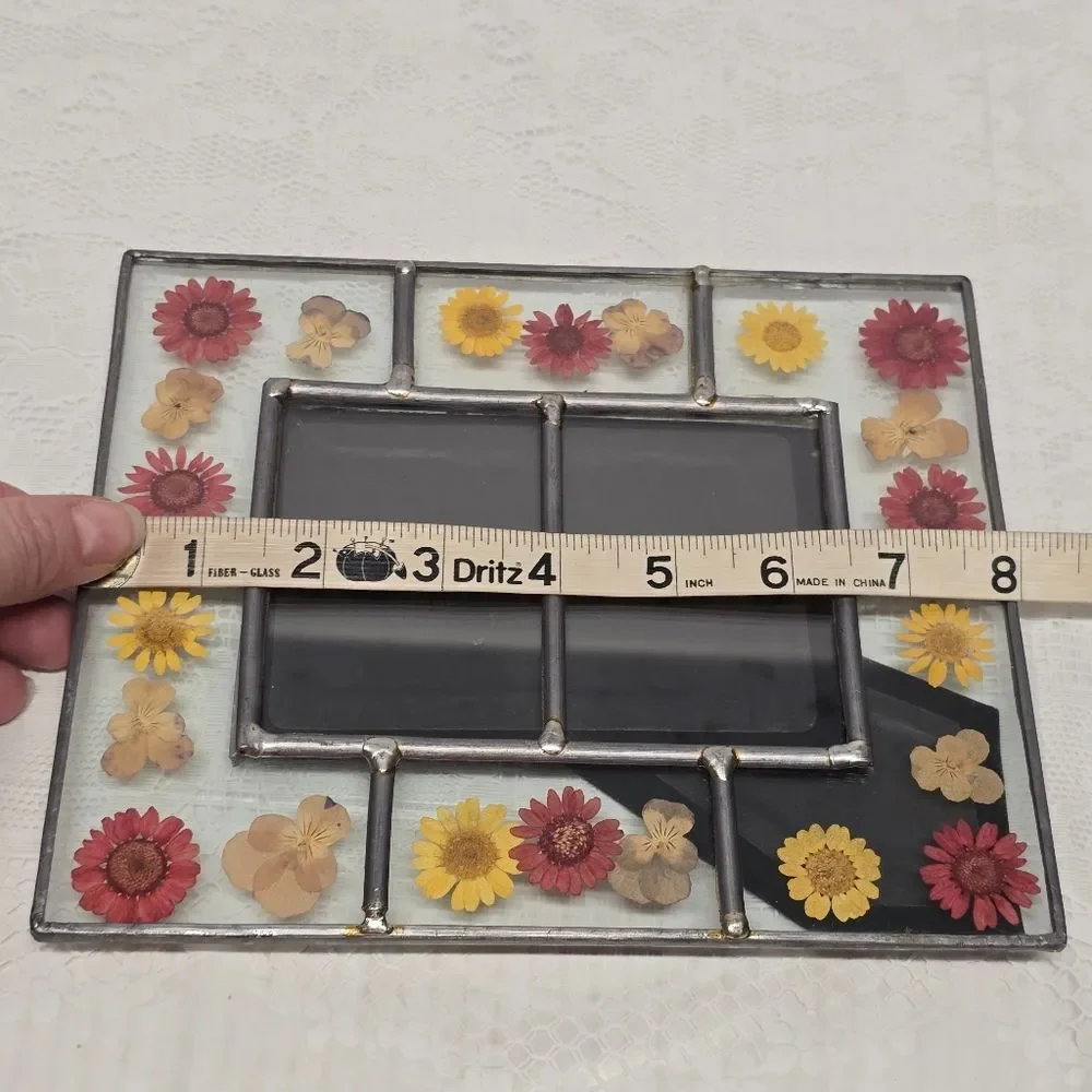 Vintage Stained Glass Pressed Dried Flowers  Picture Frame Cottage Summer Boho